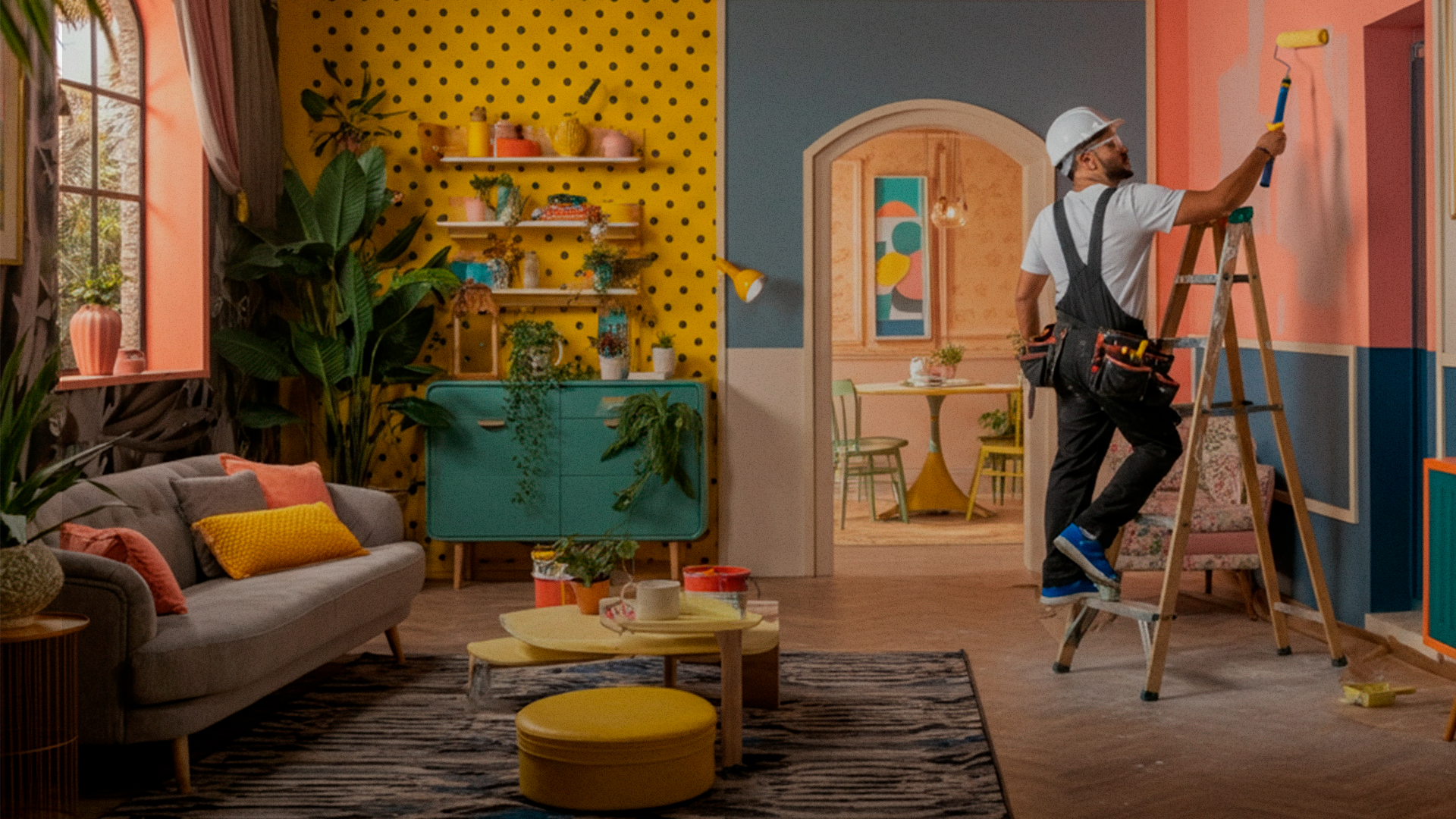 Profissional da Vizin pintando sala colorida